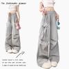 Gray Bow Tie Cargo Pants For Women Summer High Waist Wide Leg Casual Trousers