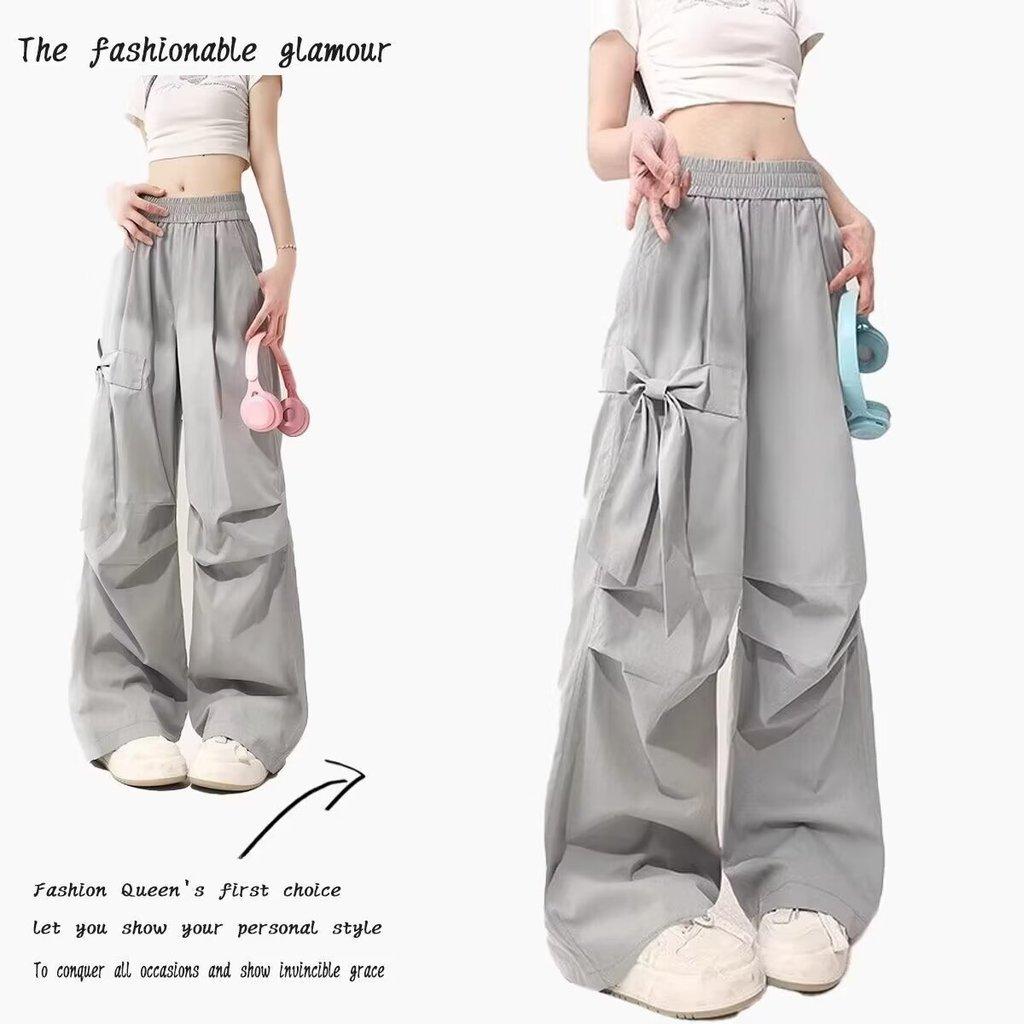 Gray Bow Tie Cargo Pants For Women Summer High Waist Wide Leg Casual Trousers
