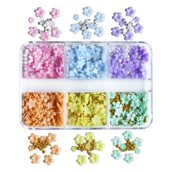 1 Box 3D Flower Nail Art Charm 6 Grids Resin Floral Charms Golden Beads DIY Nail Design Jewelry Crafts Manicure Decoration Accessories