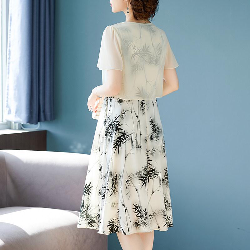 Elegant Summer Chiffon Skirt Set: Short-Sleeve Dress for Mature Women