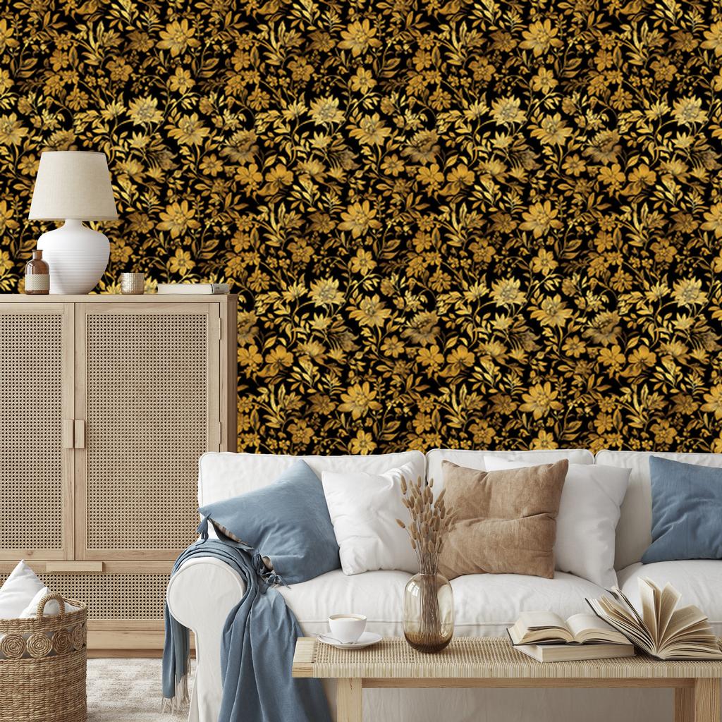 Golden Hibiscus Ochre Wallpaper, Subtle Detail for Living Room and Bedroom 50x1000