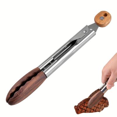 Cooking Tong, Walnut Wood Tong, Stainless Steel Anti-Slip Long Handle Wood Salad Tong with Hanging Hole, Household Creative Tong