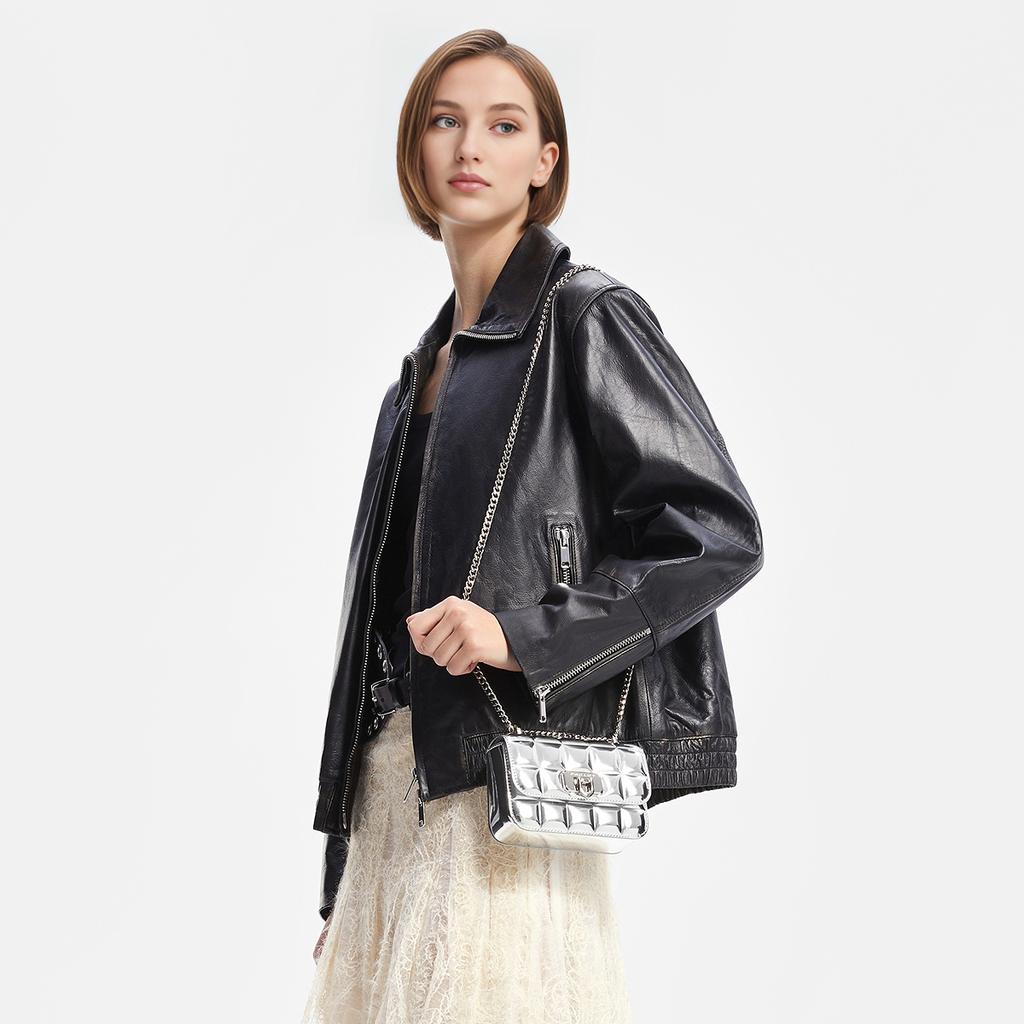 Charles & Keith Evening Party Mirror Checkered Chain Crossbody Bag Small Women bags Black Pink Silver CK2-80681154