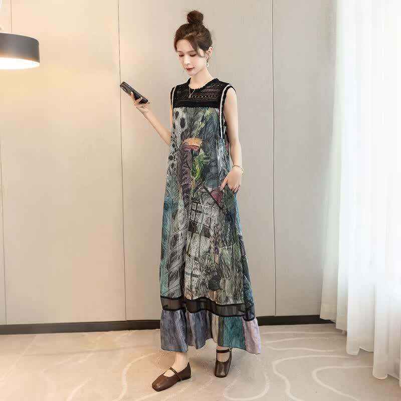 Women's Printed Sleeveless Lyocell Linen Blend Maxi Dress