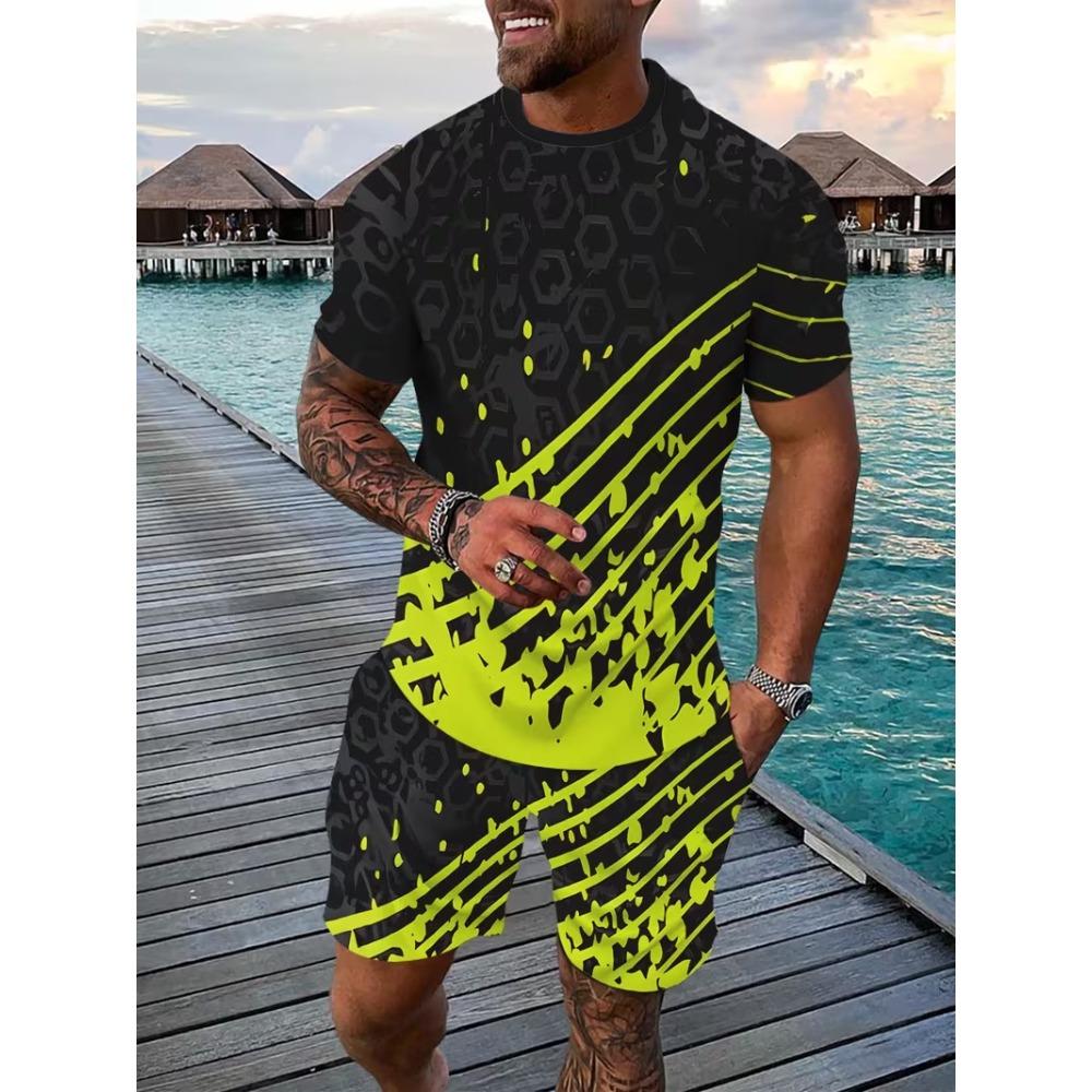 Summer Men's Casual Fashionable 3D Digital Printed Round Neck Short Sleeved Shorts Set Loose Oversized Breathable Comfortable Sports Wear