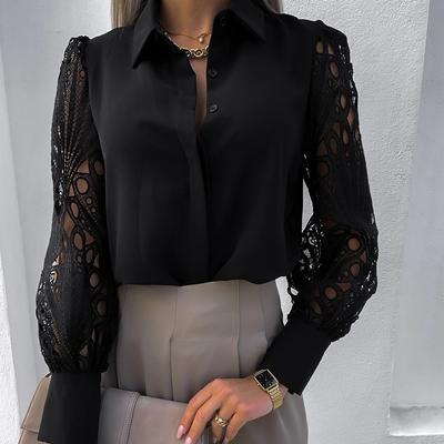 Women's Fashion Casual Summer Solid Color Print Lace Stitching Long Sleeve Lapel Loose Blouses & Shirts