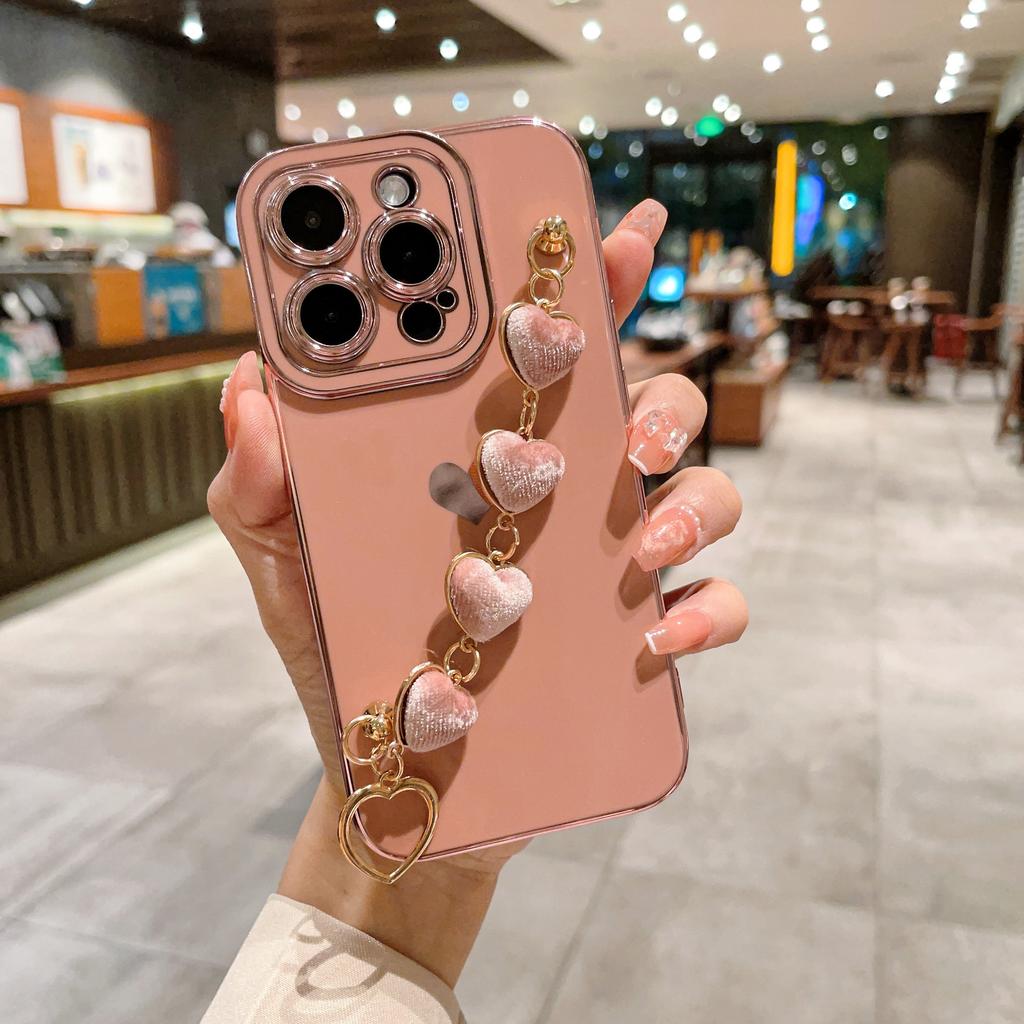 Pro mobilní telefon iPhone 15 Promax pouzdro pokovené plyšový náramek s motivem srdce 14Promax ochranný kryt 13 proti pádu