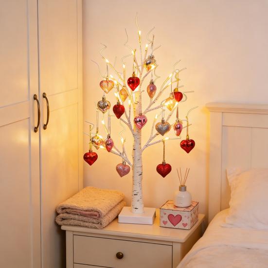 25" Valentine's Day LED Lighted Birch Tree 24 LEDs Artificial Tree Light with Heart Ornaments Romantic Tabletop Decoration for Home Indoor Table Decor