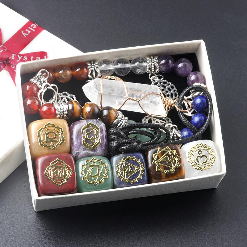 7 Chakra Crystal Gift Box Set Chakra Symbol Square Stones Chakra Bracelets Wire Wrapped Quartz Pendant Necklace Kit
