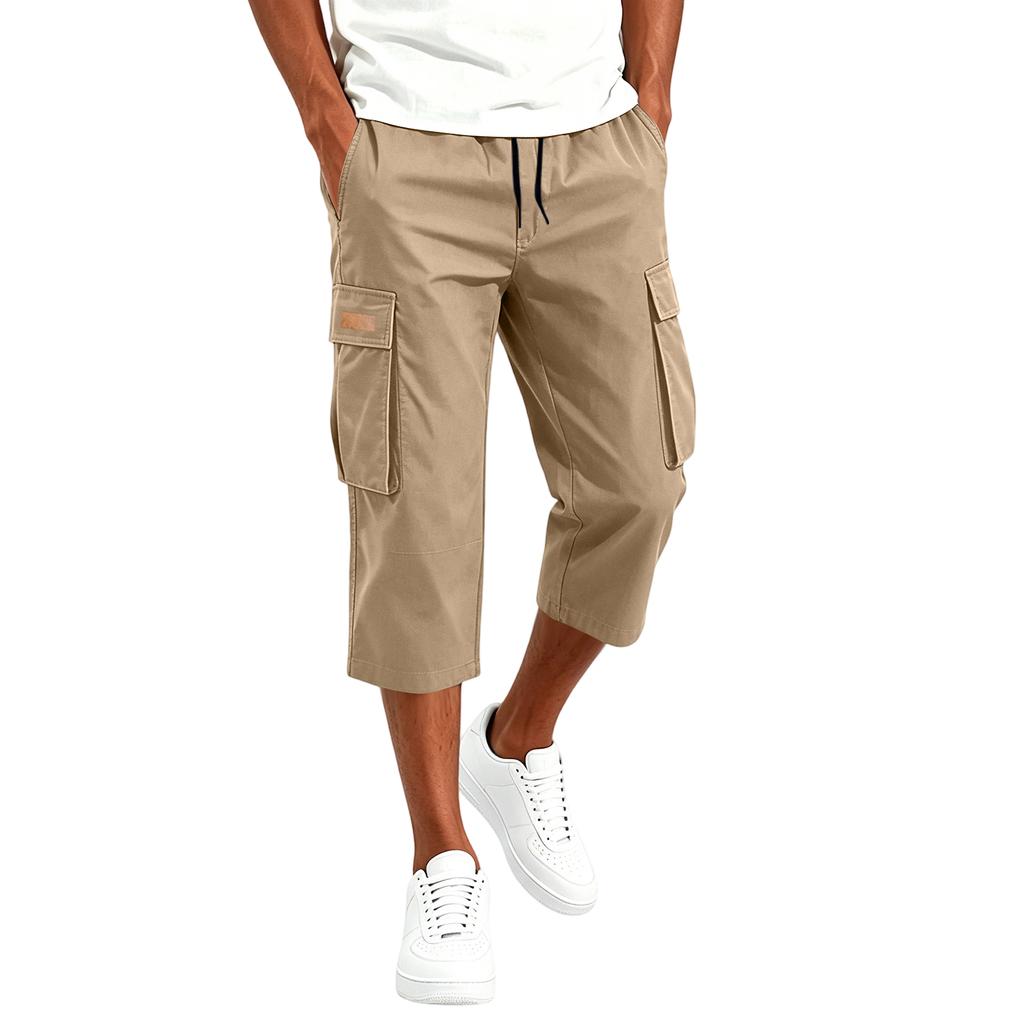 Men's Cargo Drawstring Pants Casual Multi Pocket Capri Work Trousers Lightweight Breathable Outdoor Utility Pants for Daily Wear