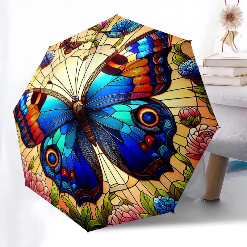 

1pc Stained Glass Butterfly Auto-Folding Umbrella - Portable 3-Fold Design with 8-Bone Iron Frame, Perfect for Outdoor Use, Festive Gifts, Travel, Dai