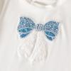 Girls' Fashionable Outfit - Summer Children's Bow-front Short-sleeved Top with Ruffled Hem and Wide-leg Shorts Set