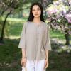 Johnature Women Knitted T-Shirts Solid Color O-Neck Spring Seven Sleeve Button Fold Casual T-Shirts