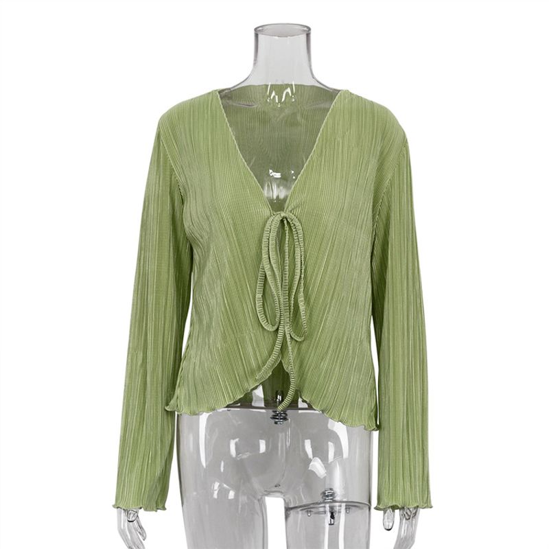 

Solid Color V-neck Long Sleeve Loose Top Women Solid V-neck Long sleeve Top Green L