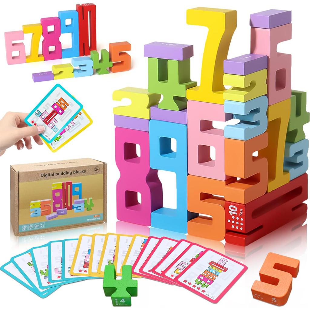 Wooden Number Building Blocks Montessori Number Stacking Blocks Puzzle Balance Competition Toy, Educational Gift for Toddler