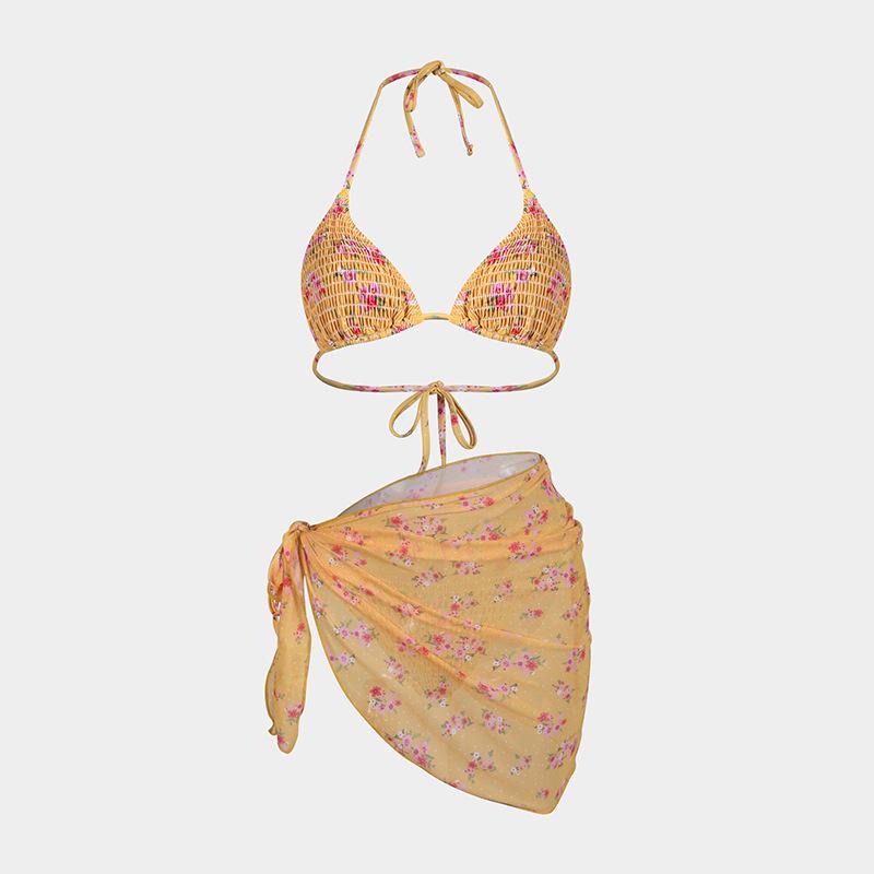 Europäisches und Amerikanisches Bedrucktes Dreiteiliges Bikini-Set mit Gaze-Rock - Sexy Urlaubs-Badeanzug