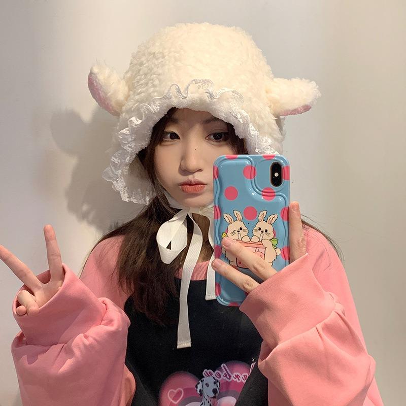 Sweet and Cute Girl Lamb Wool Woman, Warm In Autumn and Winter, Cold-proof, White Face, Lamb Ear Hat Woman