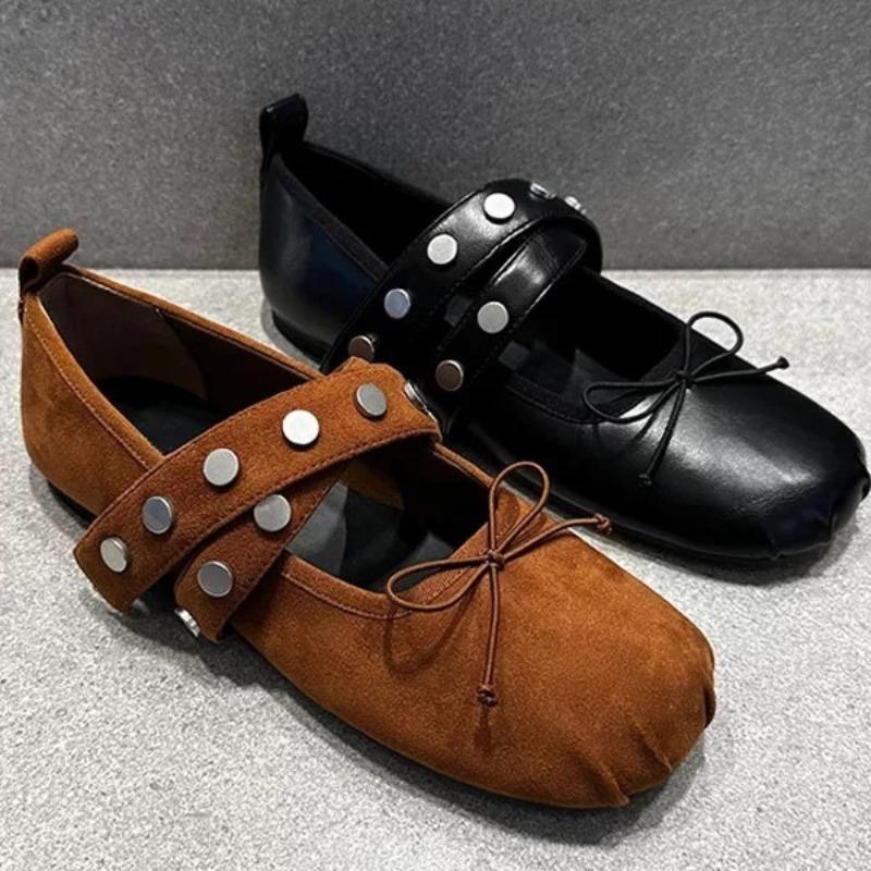 Flat Shoes for Woman Retro Style Round Head Ballet Shoes Women's Rivet 2026 New Spring Bow Shallow Mouth Flat Mary Jane Shoes