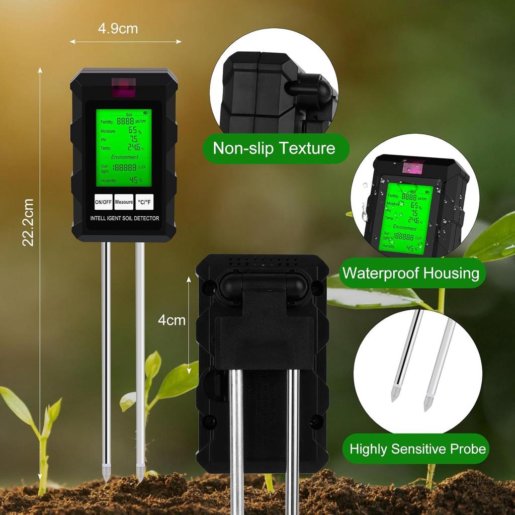 6 In 1 Digital Soil Tester Multifunctional Soil PH Detector Moisture Fertility pH Temperature Humidity Light Meter for Garden