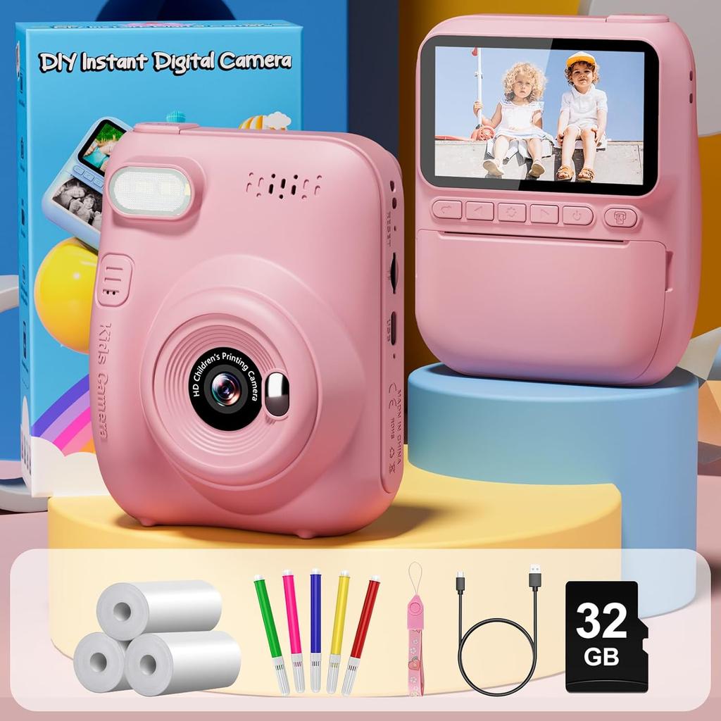 Instant Print Camera for Kids, 3.0" HD 32MP Kids Camera 1080P with 3 Rolls of Printer Paper, Birthday Gifts Toy for 3-12 Year Old Girls Boys with