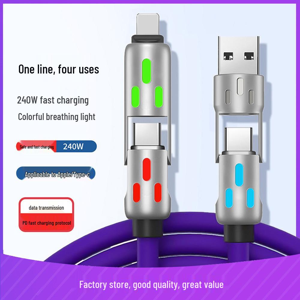 Apple-Compatible 4-in-1 Silicone Adapter & Data Car Charger Cable 1m 240W Four-in-One Fast Charging Cable оранжевый