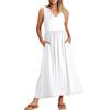 Damen Sommer Ausgestelltes Maxi Kleid Fließendes V-Ausschnitt Ärmellos Lässiges Strand Sommerkleid Mit Taschen