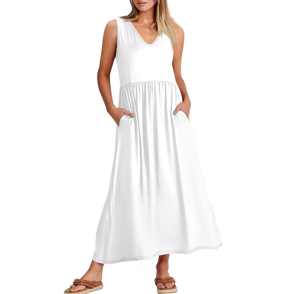 Damen Sommer Ausgestelltes Maxi Kleid Fließendes V-Ausschnitt Ärmellos Lässiges Strand Sommerkleid Mit Taschen