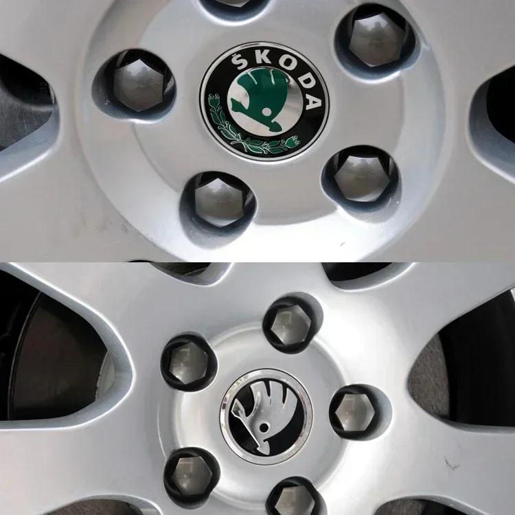 2026 Quente para Skoda 56/60/65mm Calotas Centrais de Roda de Carro Logo Rapid Kodiaq Fabia Karoq Laura Superb VRS Yeti Octavia Scala Pneu D