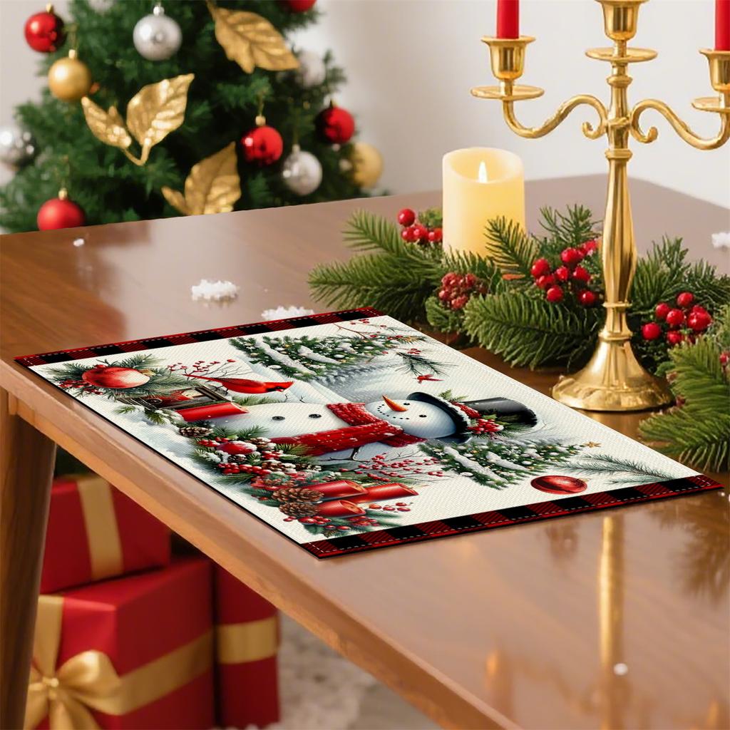 4 or 6pcs Plaid Christmas Placemats Suitable for Kitchen Dining Table - Rectangular Red & Winter Table Mats with Pine Branch, Berries, Pinecones,