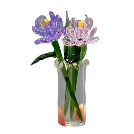 1 Set Glass Flower Bouquet with Vase Hand-Blown Mini Flower Decoration Home Living Room Handmade Simulation Floral Ornament with Stem