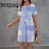 Damenkleid Sommer Kurzarm Rundhals Lässig Locker Kleid Damen 3D Streifen Druck Elegant Vintage Kleider