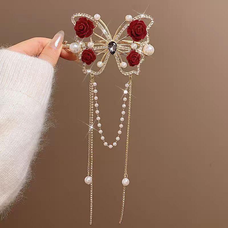 Agrafă de păr Exquisită cu Ciucure de Flori Roșii și Perle pentru Femei, Agrafă de Păr pentru Crăciun, Ace de Păr, Clip de Prindere, Articol de Păr pentru Mireasă, Anul Nou