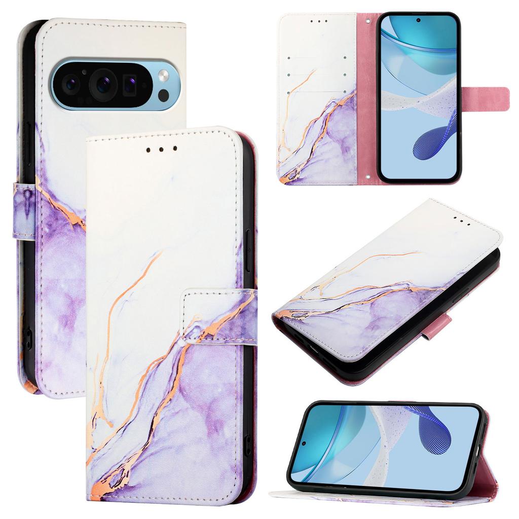 For Google Pixel 9 Pro/Google Pixel 9 Case with Strap Marble Pattern Leather Phone Cover Card Holder