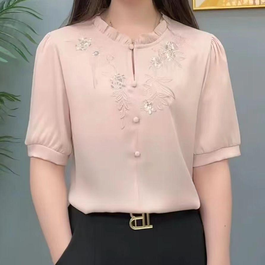 

Трендовая летняя рубашка с коротким рукавом в китайском стиле с вышивкой - Лестный крой для женщин L (85-110 jin) розовый