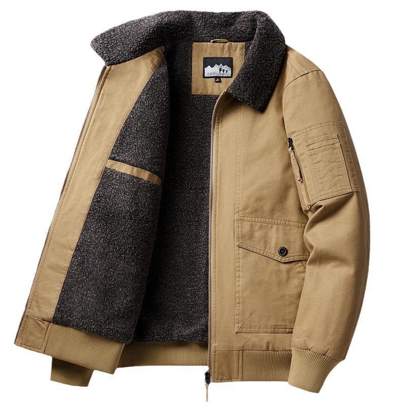 Men's Casual Fleece-Lined Warm Workwear Jacket – Retro Turn-Down Collar Coat for Autumn and Winter.