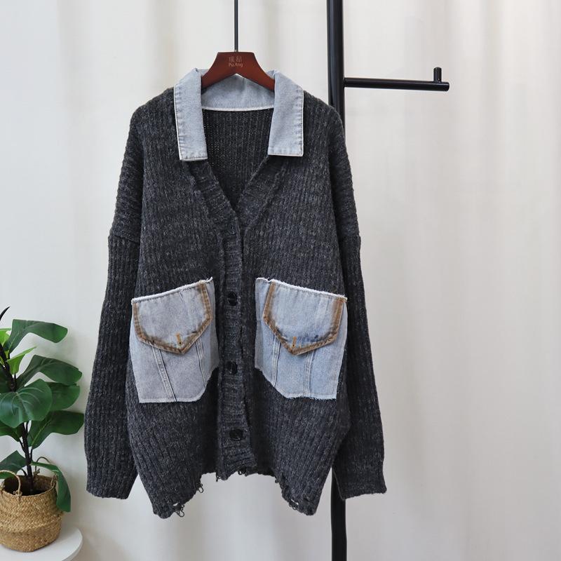 Autumn and Winter New Splicing Denim Knitted Cardigan Design Sense Loose Casual Sweater Jacket Women