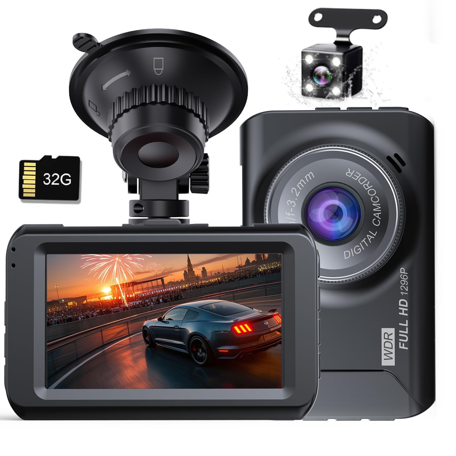 

TORAKIND Новая видеокамера с передней и задней камерами 1296P HD LCD 32GB карта Движок коррекции изображения Светодиодный сигнал Циклическая запись [Модель 2025] Камеры, Компактные, чёрный