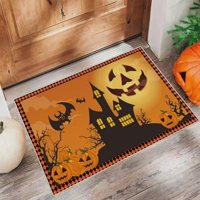 Halloween Pumpkin Castle Theme Floor Mat Foyer Entry Door Decorative Carpet Easy To Clean Festive Atmosphere Home Decora