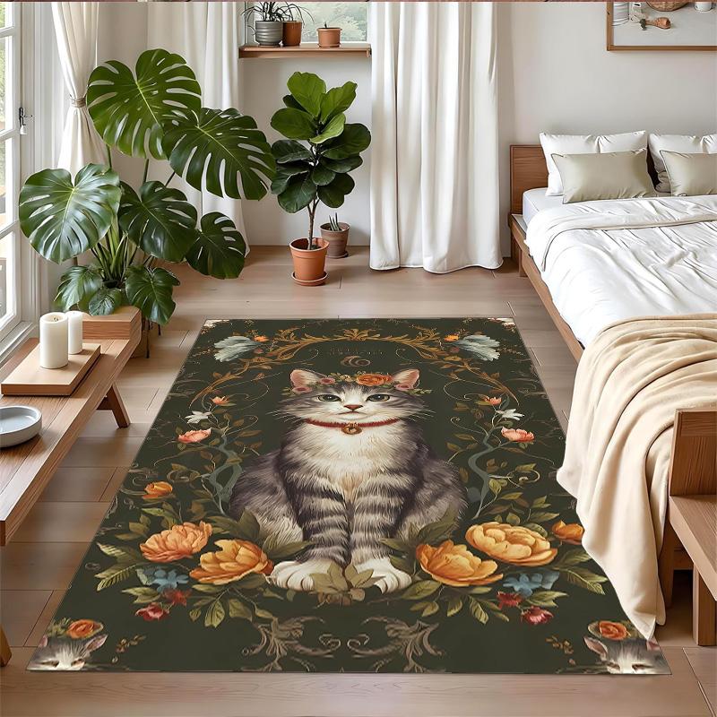 Anti‑Slip Crystal Velvet Floor Rug, Cat Design Carpet for Indoor Living Bedroom Home Decoration