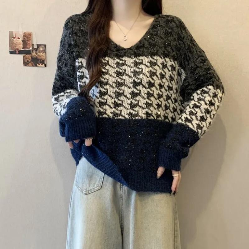 

Women s Pullover Plaid Style Colorblock Knitted Sweater Korean Style V-neck Loose Bottoming Shirt Autumn Top S сірий колір