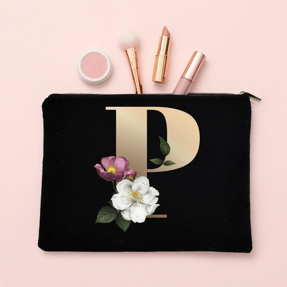 Alphabet Floral Makeup Bag Bridesmaid Maid of Honor Holiday Wedding Bachelorette Party Gift Canvas Cosmetic Zipper Storage Pouch