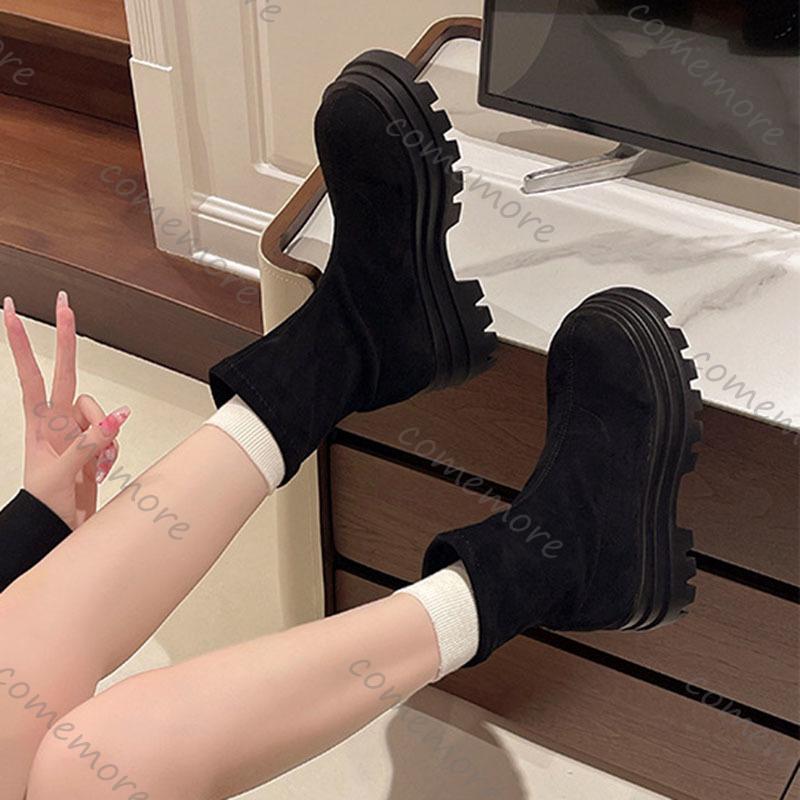 Comemore Thick Bottom Short Boots Women Autumn Winter Shoes Vintage Platform Slip On Suede Solid Ankle Boots for Women
