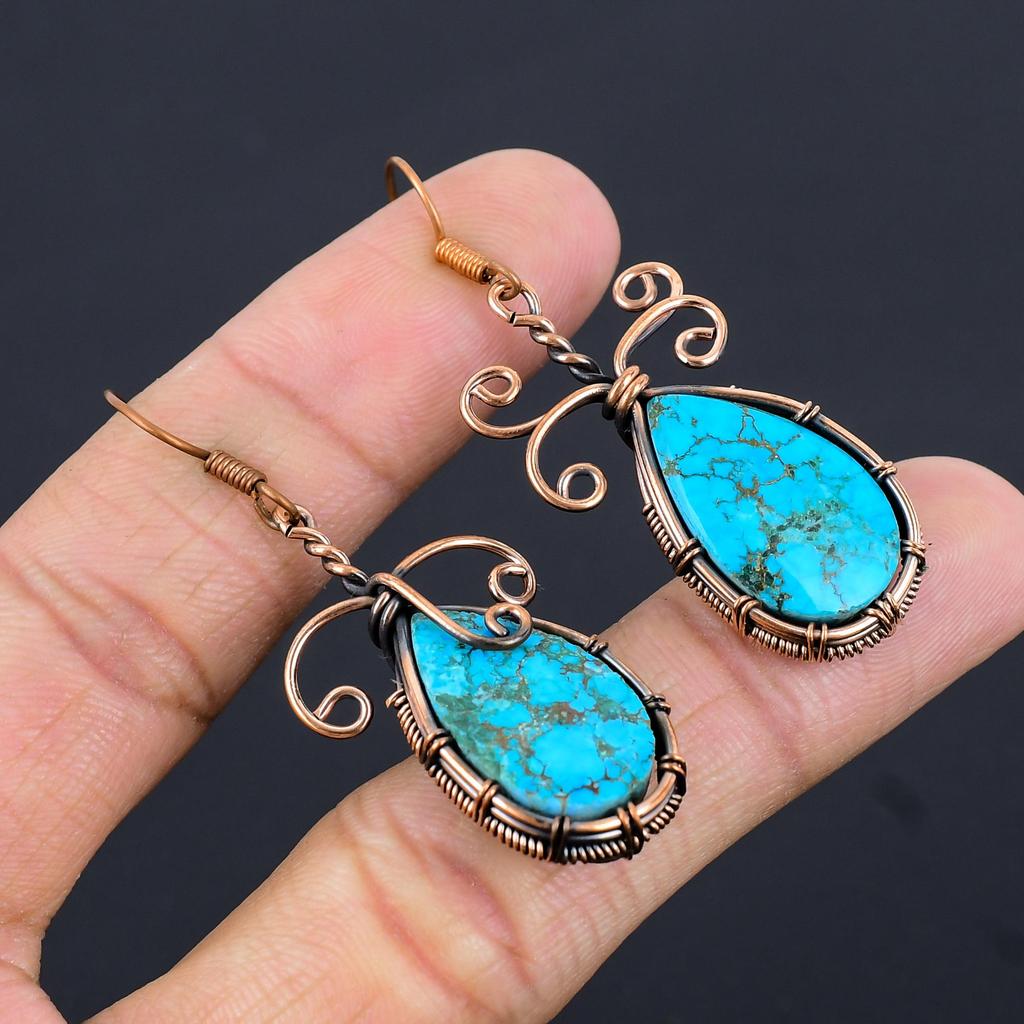 Tibetan Turquoise Earrings Gemstone Jewelry, 999 Copper Wire Wrapped Handmade Earrings, Latest Design Jewelry