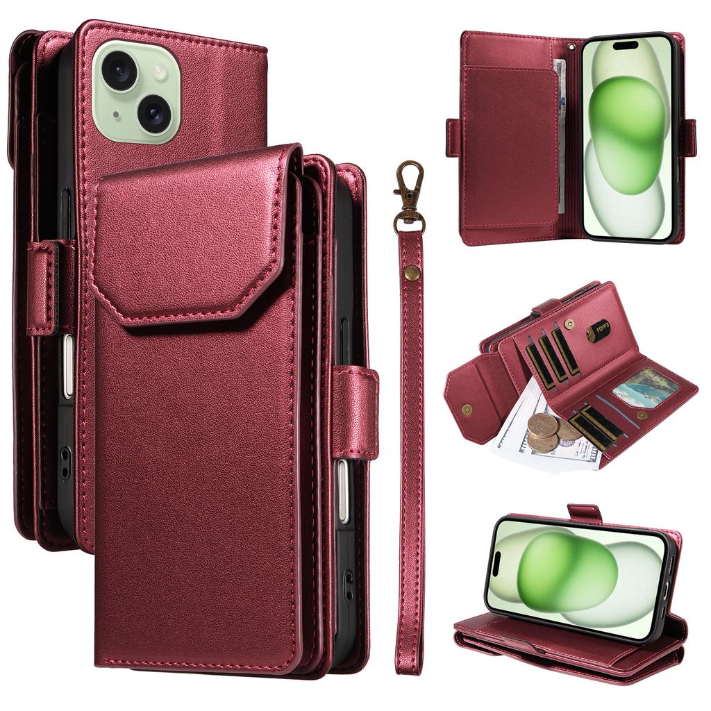 For iPhone 15 Plus Case with Multi-Card Holder and Strap PU Leather Phone Cover Stand