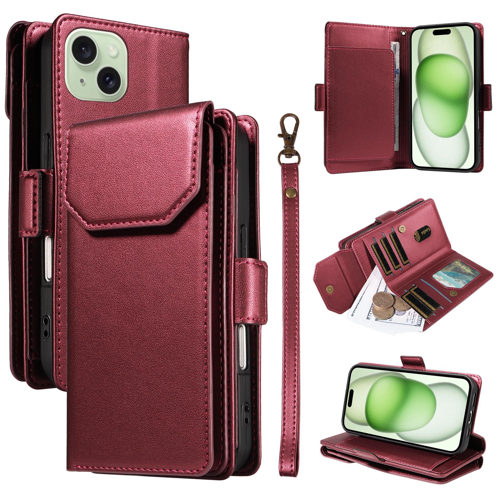 

For iPhone 15 Case with Multi-Card Holder and Strap PU Leather Phone Cover Stand Wine Red