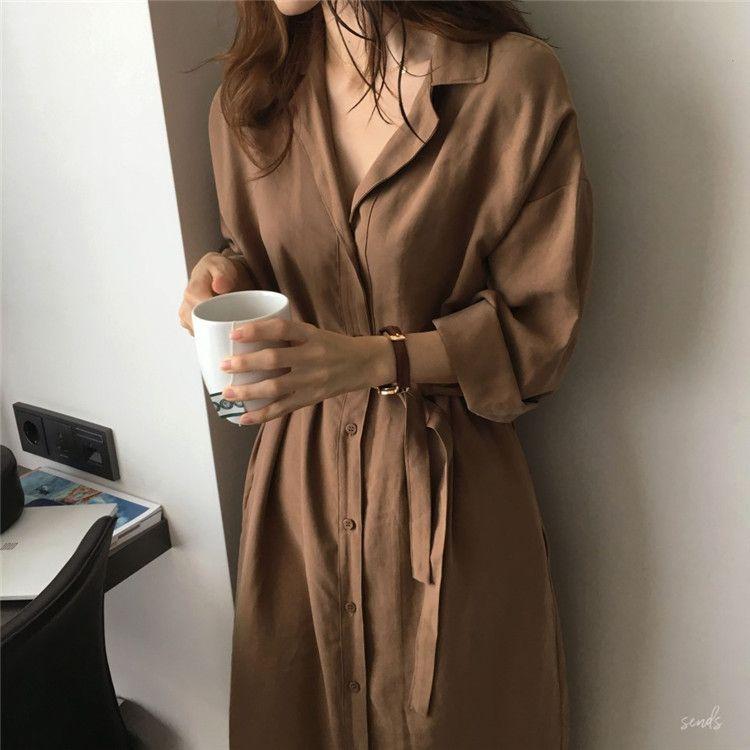 Tie-Waist Shirt Dress Women's Solid Color Skirt Spring Korean Style Loose Student French Lady Fashionable Dress
