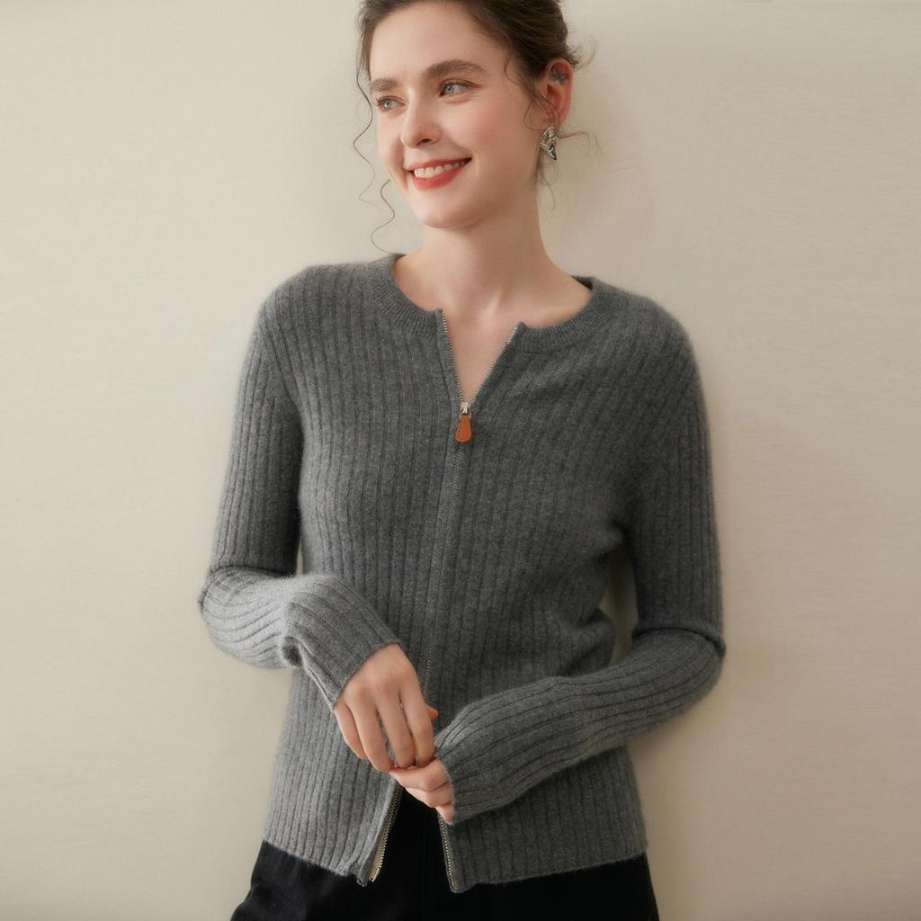 Fashionable Ribbed Cashmere Zipper Cardigan Sweater - Slimming Knit, Round Neck Wool Coat