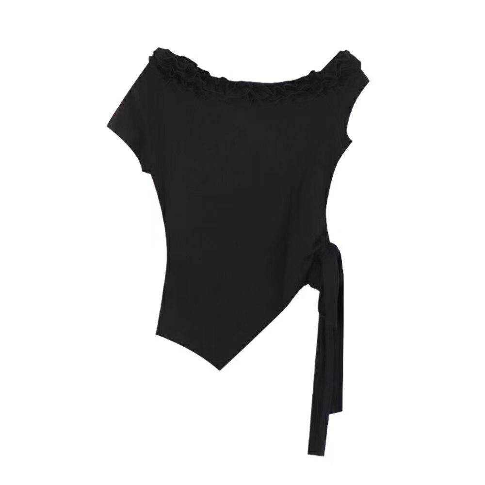 Summer new Korean version fashion design sense fungus edge slanted shoulder short-sleeved T-shirt women's slim irregular strap top