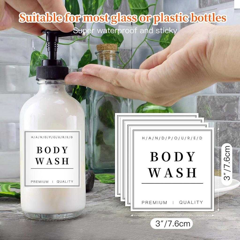 TESWEY 12PCS Bathroom Organization Labels, Waterproof Soap Dispenser Label Stickers for Glass/Plastic Bottles, Removable Cleaning Labels for Body