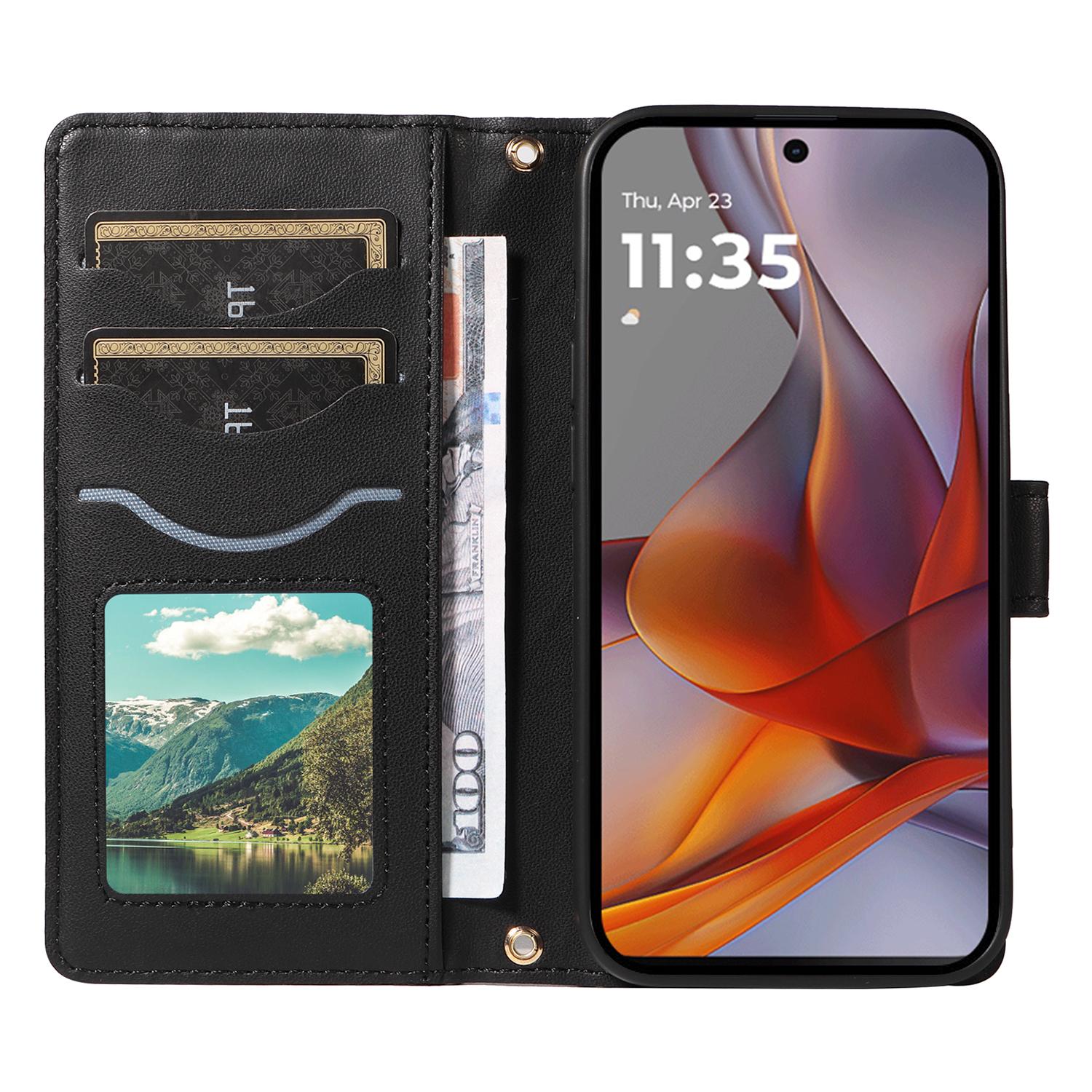 

For Motorola Moto G75 5G Wallet Case Rhombus Leather Phone Cover with Shoulder Strap,Wrist Strap Black